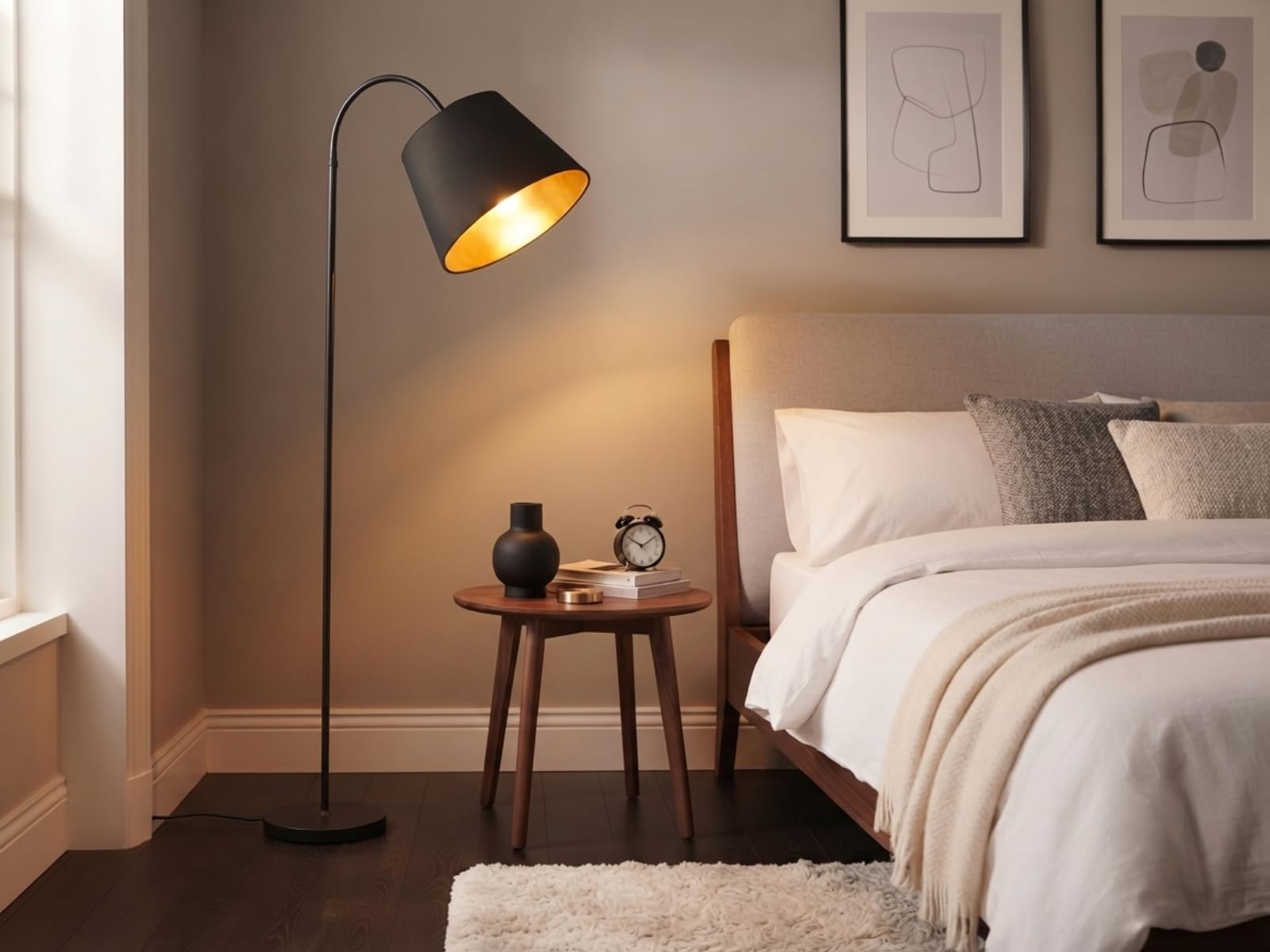 meineWunschleuchte Steh-Lampe gebogen Schwarz Gold mit Stoff Lampenschirm | Höhe 156cm, E27, mit Fußschalter, klassische Stehleuchte, für Wohnzimmer & Schlafzimmer, gemütliche Beleuchtung