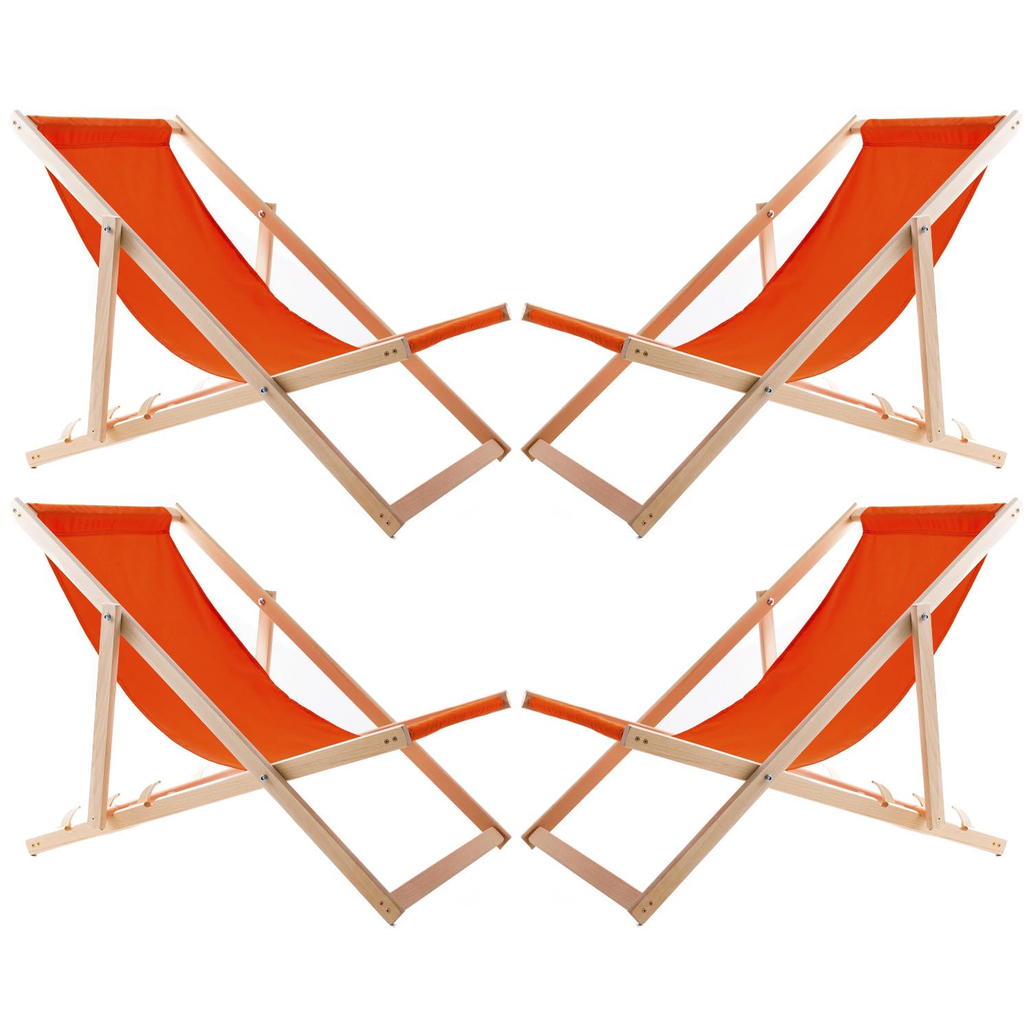 WOODOK Set of 4 Beech Wood Deck Chairs | Folding Sun Lounger for Garden, Beach, Balcony & Patio | Adjustable Backrest, Weatherproof Fabric | Maximum Load 120 kg (Orange)