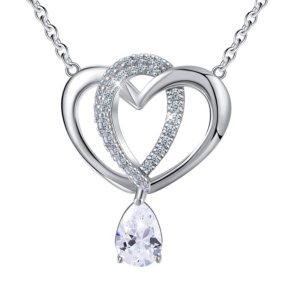 18K Gold Plated 925 Sterling Silver Necklace Pendant 5A Cubic Zirconia Double Love Heart Pendant with Necklaces Link Chain Length 15"+2" Jewelry for Women