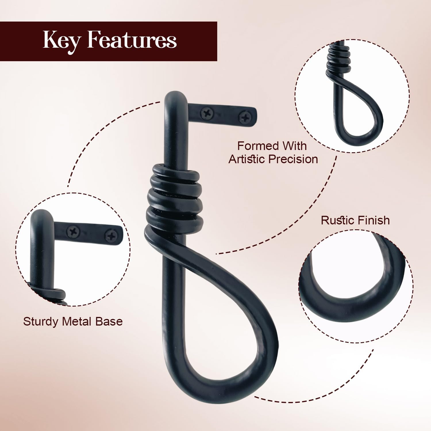 THDC Sturdy Wrought Iron Wall Mounted Curtain Holdbacks (Pack of 2) - Curtain Holders for Living Room, Bedroom, Kitchen, Office (Tie Back Knot Loop)