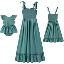 IFFEI Mommy and Me Dresses Summer Matching Outfits Spaghetti Strap Square Neck Ruffle A Line Beach Long Maxi Dress