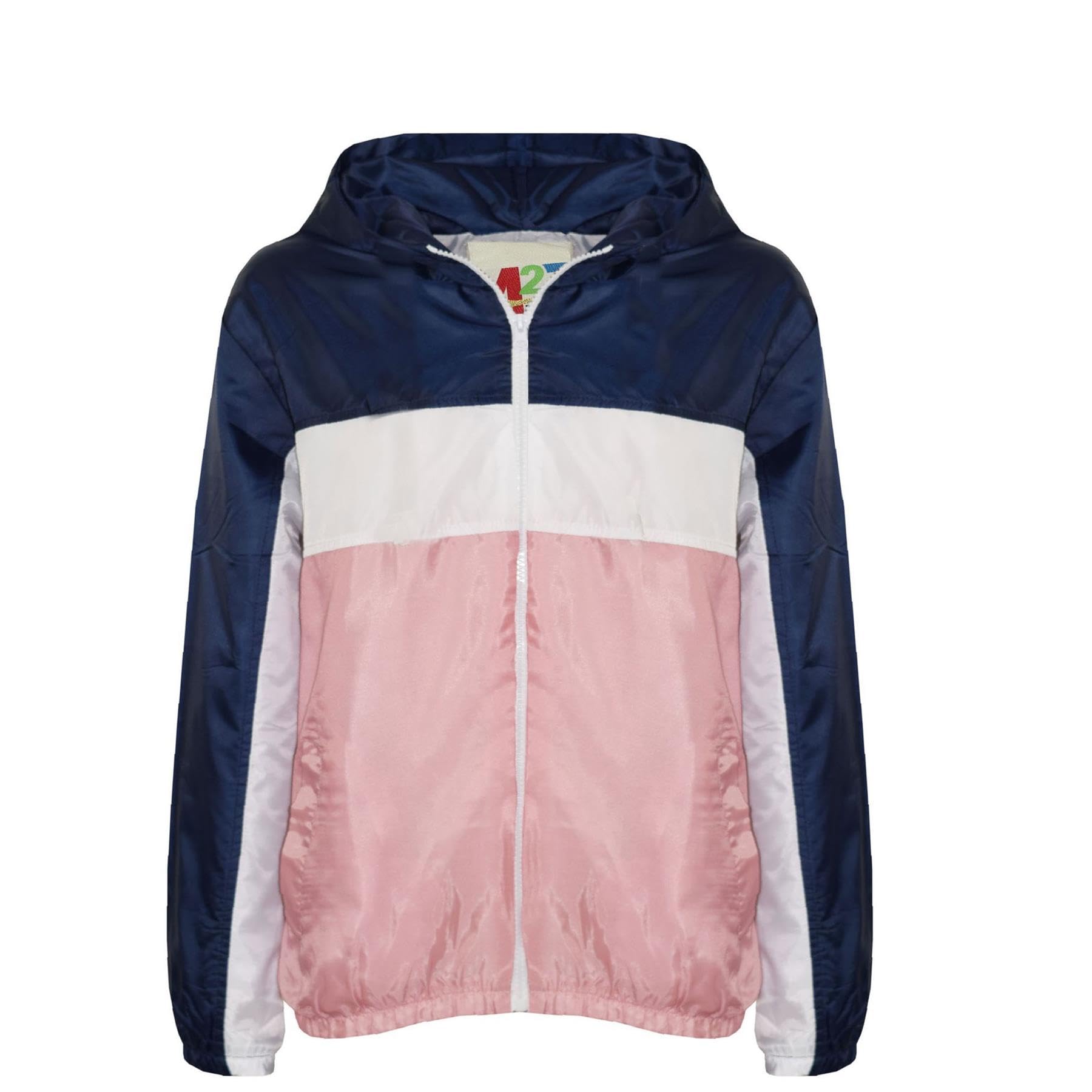 Kids Boys Girls Windbreaker Contrast Block Hooded Jackets Rain Mac Raincoat 5-13 Navy