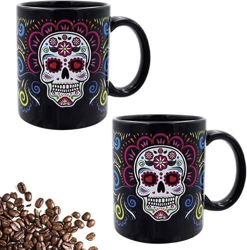 Miniatura 2 de Tazas de calavera de azúcar, divertida taza de café negra, regalos lindos de calaveras para hombres y mujeres, taza de cerámica para cumpleaños