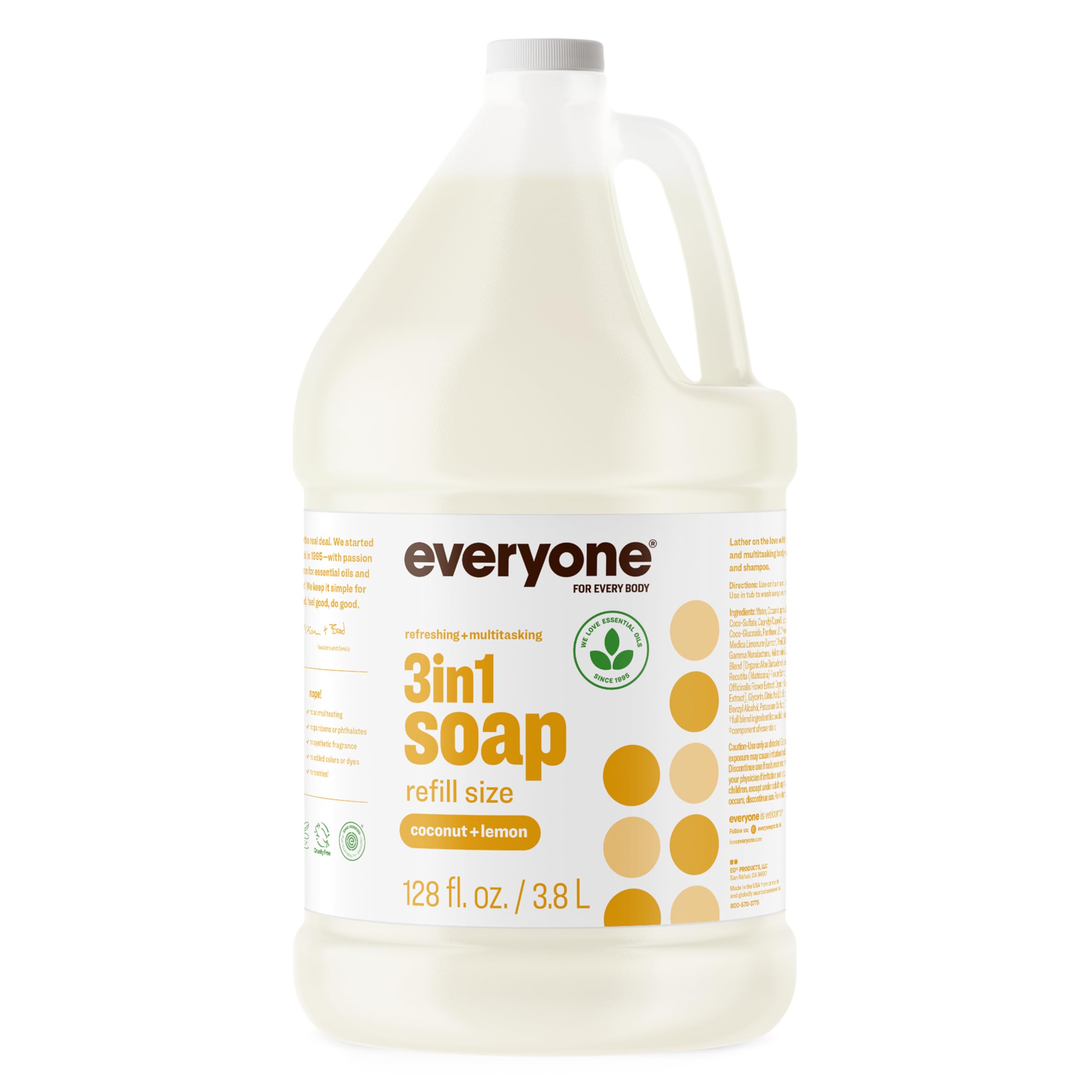 Everyone 3-in-1 Soap, Body Wash, Bubble Bath, Shampoo, 1 Gallon, Coconut and Lemon, made with Essential Oils for Men and Women