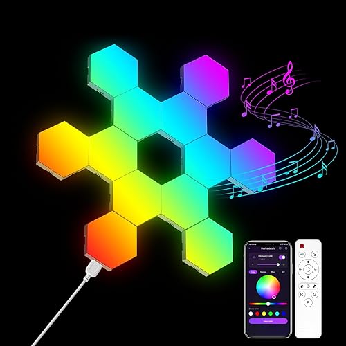 OJQ 12 Pack Hexagon Lights Wall RGB Panel - Led Lights Gifts for Men Birthday Room Decor Lamp for Bedroom Gaming Equipment Gamer Supps Honeycomb Shape Panels Hexagon Gaming Lights - Multicolor-4
