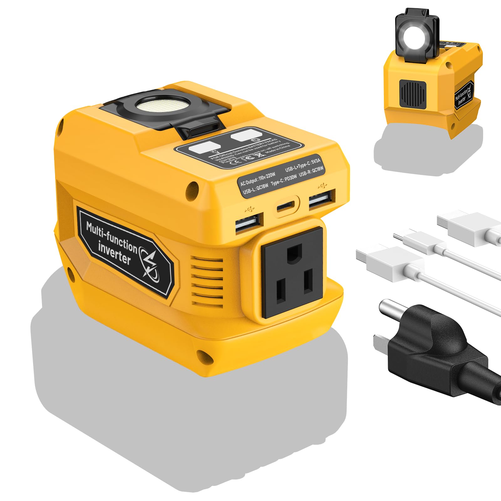 Onduleur de 220 W compatible avec batterie De-walt 20 V, DC 20 V vers AC 110 V Station d'alimentation portable avec 1 prise CA, 2 ports USB et 1 charge rapide de type C, lampe de travail 400 LED