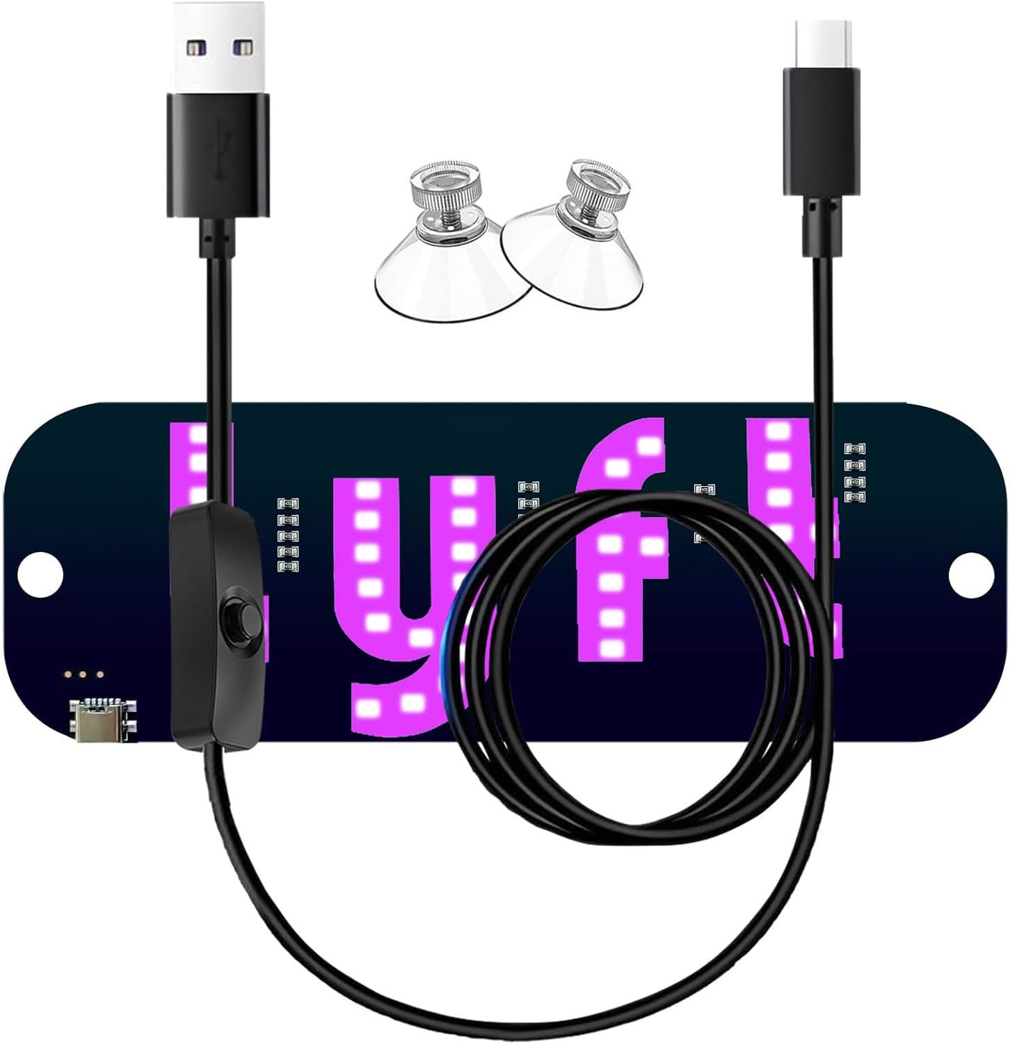 Windshield Light Sign with Pink Decal for Car, Suction Cups, USB-C Cable, and Touch Dimmer for Effortless Brightness Adjustment.