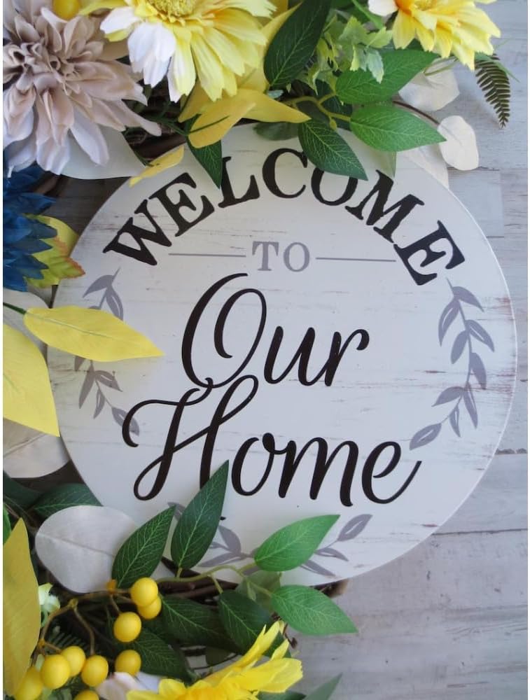 Asymmetrical Grapevine Wreath for Front Door, Spring Summer Wreath with Yellow Daisies, Blue Flowers and Welcome Sign, Farmhouse Decor for Home Entryway