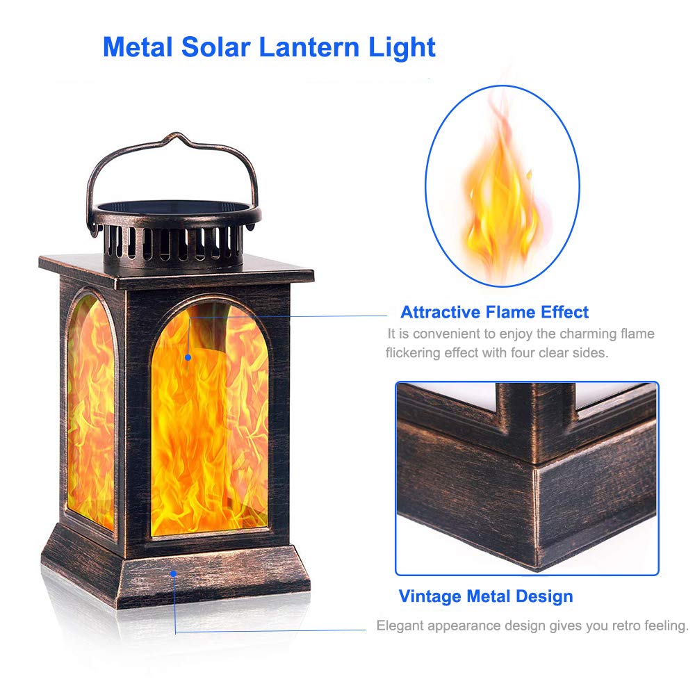 SOLARBABY Luci della Lanterna Solare, Metallo Flickering Flame Outdoor Luci solari a sospensione, Solar Powered Impermeabile Luci della Fiamma LED per Garden Yard Terrace Path (Bronzo, 2pcs Pack)