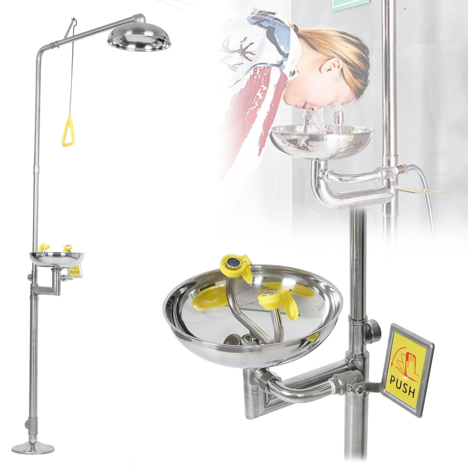 Augenspülstation, Kombination Aus Notfall-Augenspülstation Und Duschset-System Mit 12 L/min Augenspülwasserdurchfluss, Augenspülstation Aus Edelstahl 304 Für Fabriklabore Im Freien