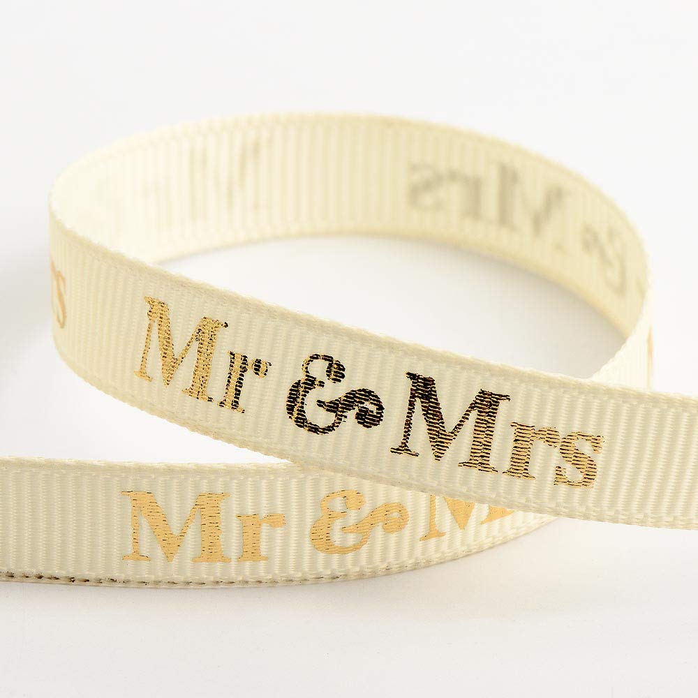 Italian Options Mr & Mrs Ribbon Cream/Gold Grosgrain (9mm x 20M)