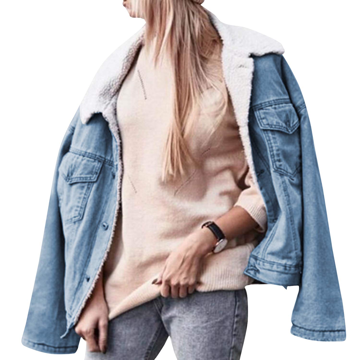Oversize Jeansjacke mit Fell gefütterte Denim Jacke,für Damen Mädchen Revers Winterjacke Coat Damenjacke Wintermantel Outerwear Knopf mit Taschen,(künstlicher Fell)