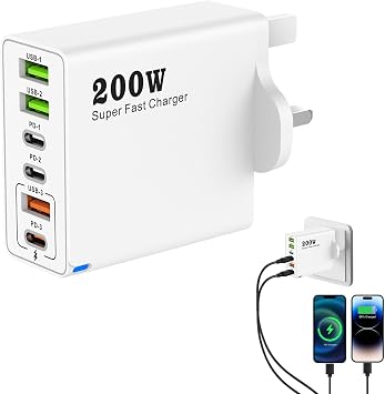 1 PCS 200W USB C Charging Station,6-Port Fast Charger Plug with PD 100W/65W/45W/20W,Multi Charger Plug for MacBook i-Phone 14/15/16 Pro iPads Dell Steam Deck TravelWhite