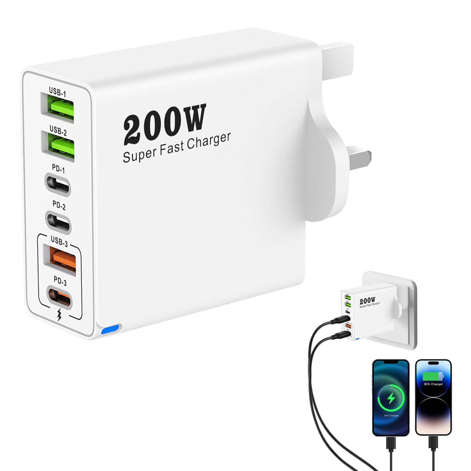 1 PCS 200W USB C Charging Station,6-Port Fast Charger Plug with PD 100W/65W/45W/20W,Multi Charger Plug for MacBook i-Phone 14/15/16 Pro iPads Dell Steam Deck Travel(White)