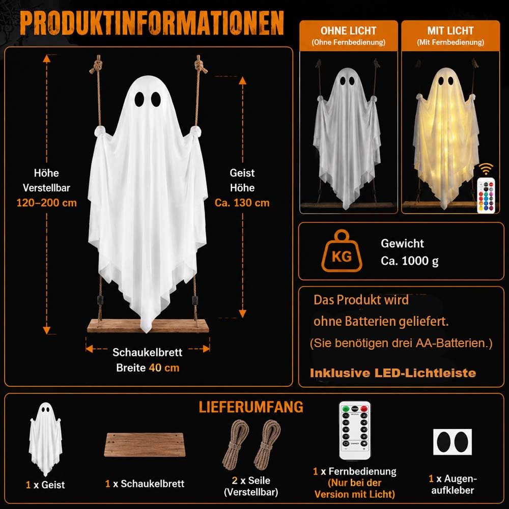 Swinging Ghost,Schaukelnder Geist,HäNgende Geister Auf Der Schaukel Mit Fernbedienung,Led-Geist FüR Halloween-Dekoration Innen Und AußEnbereich, Garten, Party (Mit Licht,Ohne Hut)