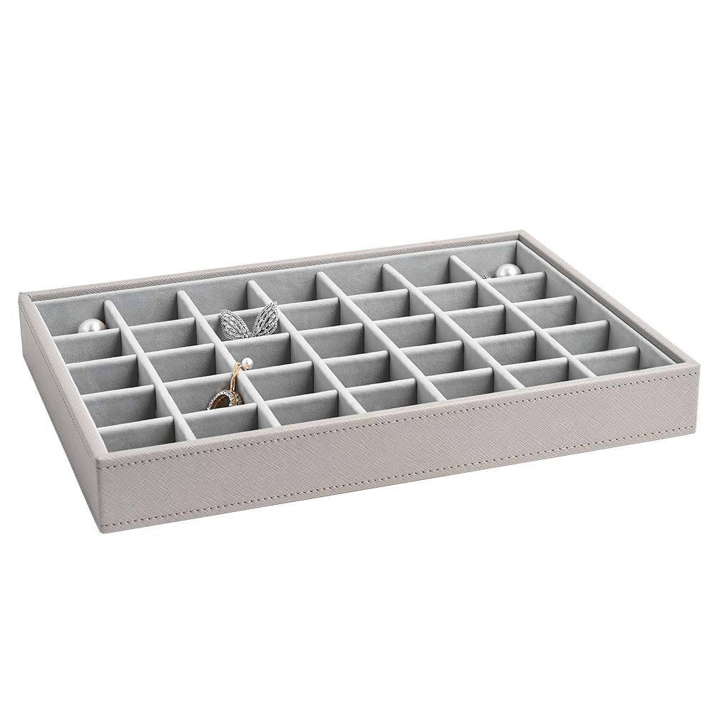 Vee Upgraded Stackable Jewelry Tray Organizer, 35 Grids High-Capacity Jewelry Storage Display Tray for Drawer, Earring Necklace Bracelet Ring Organizer (Grey)