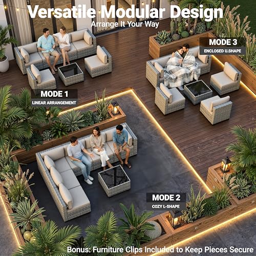 Image of Outdoor PE Wicker Rattan Modular Patio Sectional Sofa Set | 7-Piece: 6 Modular Seats & Coffee Table with Thick Cushions, Khaki
