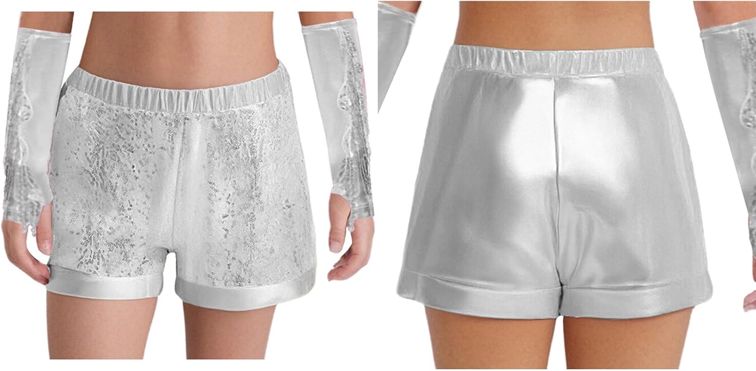 JEYPINMI Big Girls' Glitter Hip Hop Jazz Dance Bottoms Gymnastics Shorts Athletic Workout Sparkle Tumbling Hot Pants