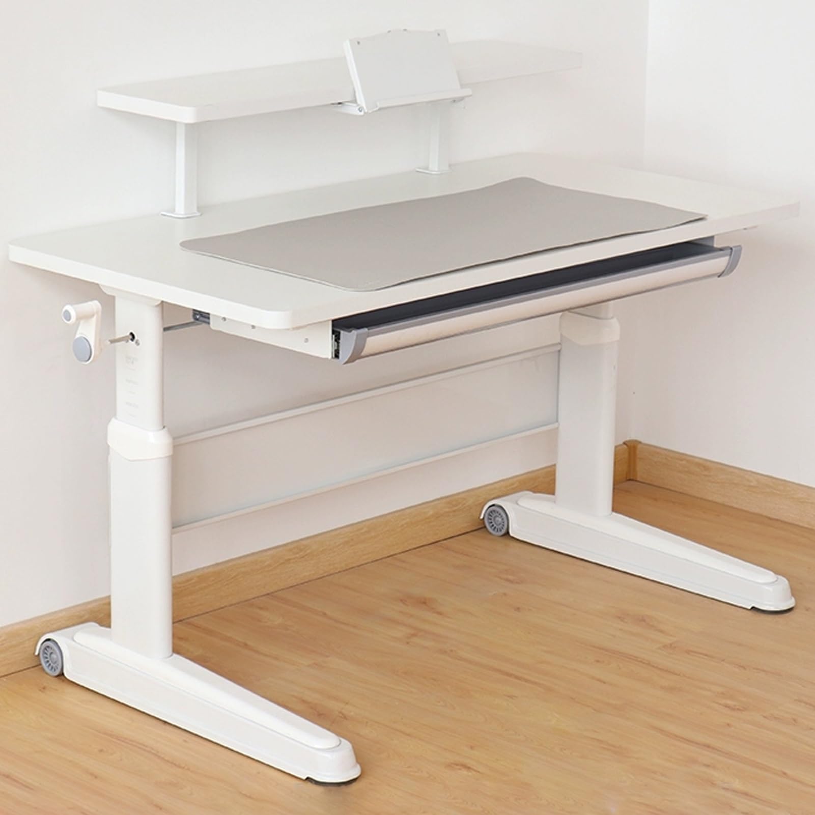 MYUYEE Standing Desk, Hand Crank Adjustable Office Desk With Hidden Drawers And Bookshelves, Mobile Stand Up Desk With Carbon Steel Table Legs, For Home Office,White,120X60Cm (White-120X70Cm)