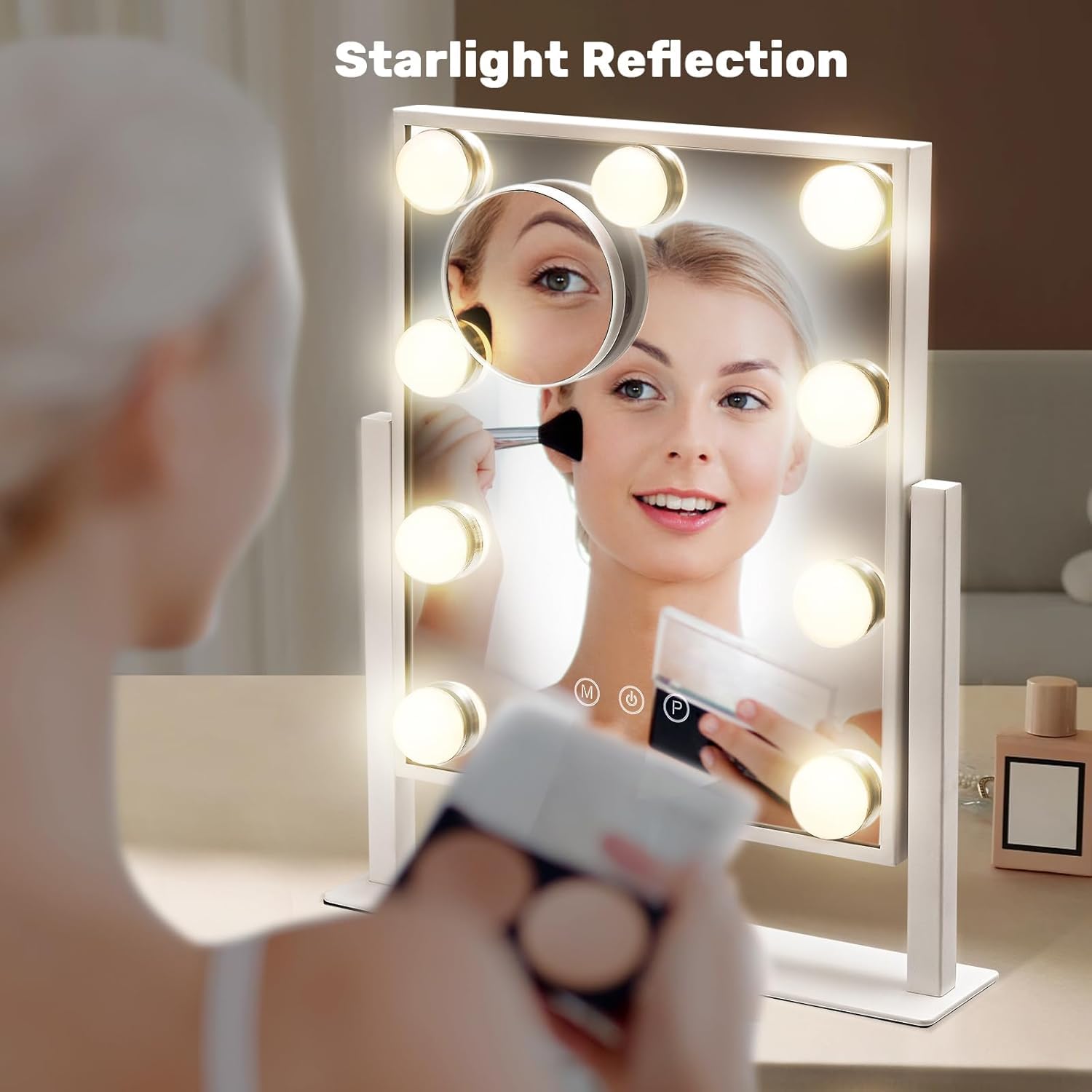 Specchio di trucco hollywoodiano con 9 lampadine LED, 3 modalità di illuminazione, schermo tattile, rotazione di 360 gradi