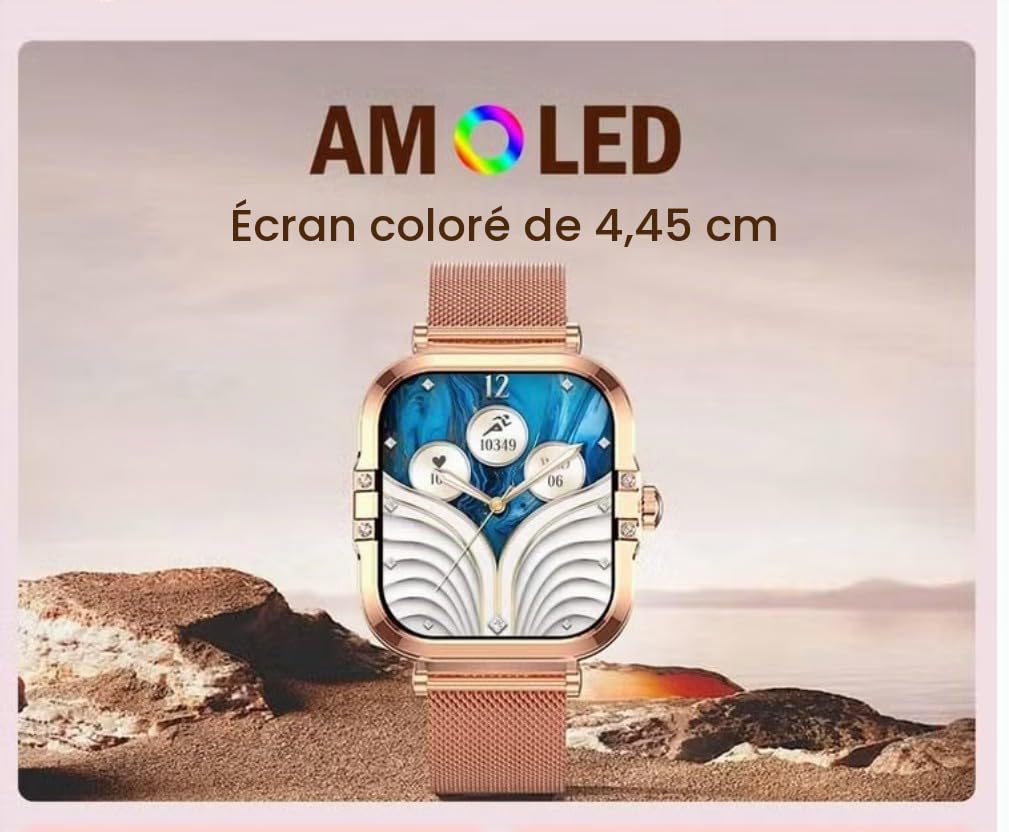 Générique Montre Connectée Femme Doré Élégante AMOLED 1.75" –avec 2 Bracelet Acier/Silicone, Fonction Appels Suivi Santé Complet, Design Luxueux Fleur Dorée - SOS
