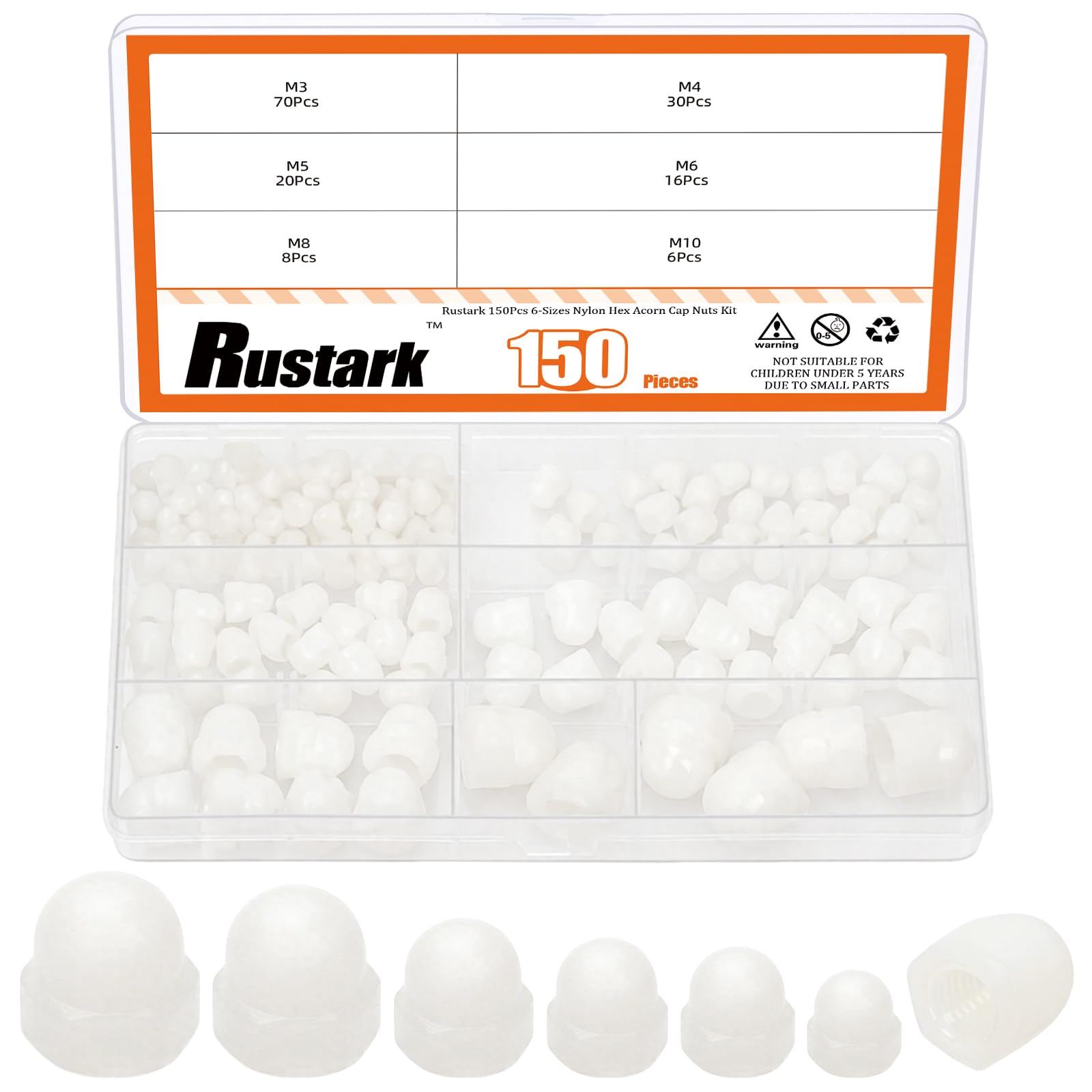 Rustark 150Pcs 6 Sizes Acorn Nuts Assortment Kit Metric Hex Acorn Cap Nuts Nylon Hex Nut Crown Cap Nut White Dome Head Bolt Cover Caps for Furniture Automotive Indoor Outdoor