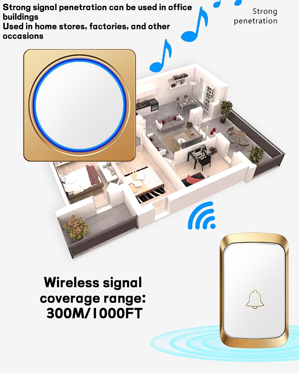 Genérico Timbre inalámbrico de 300 m de Largo Alcance con 2 receptores, Mini Timbre IP68 Resistente al Agua, Flash LED, 4 Niveles de Volumen, 38 melodías, Flash LED, Dorado.