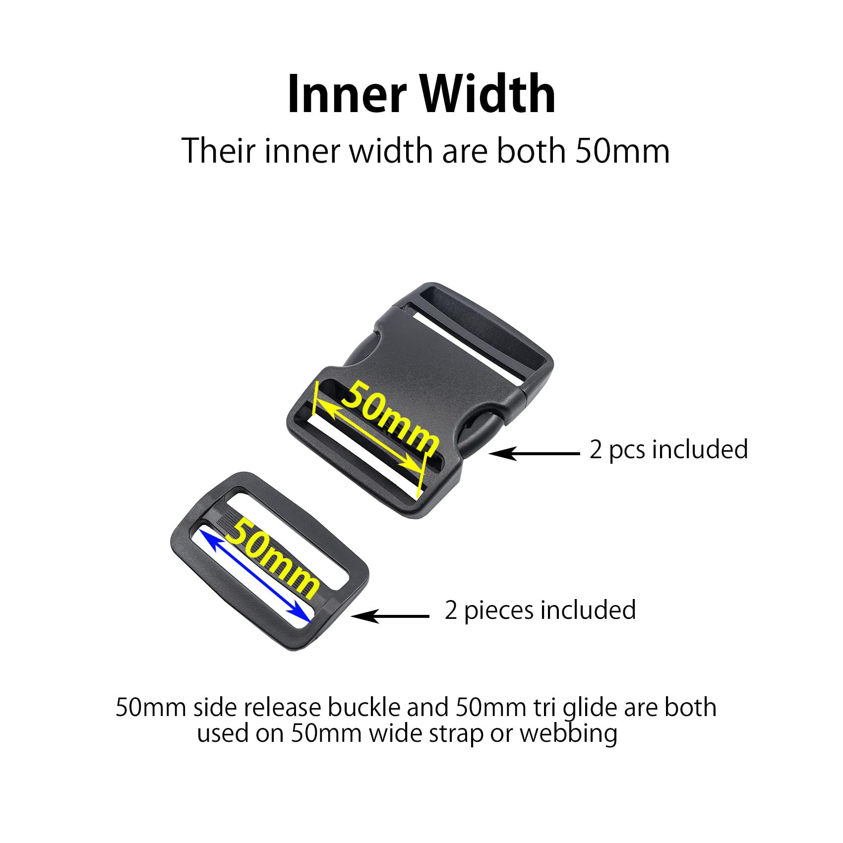 Ahijklmn Plastic Side Release Buckle clips + Tri Glide Slides Heavy Duty Plastic Strap Replacement Buckle Clips Snap Sliders for Backpack (50mm - Image 2