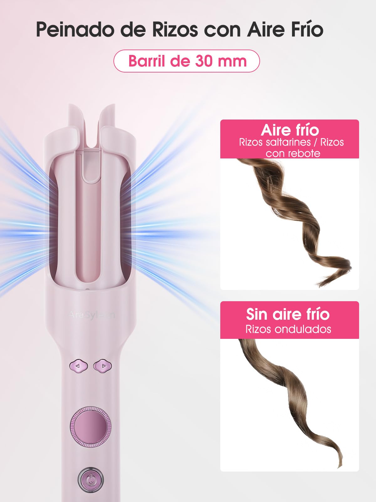 Rizador Automático con Aire Frío e Iones 30mm Auto Curler | Cerámica Turmalina, 5 Temperaturas 160-200°C, Antiescaldaduras, Voltaje Dual 110-240V