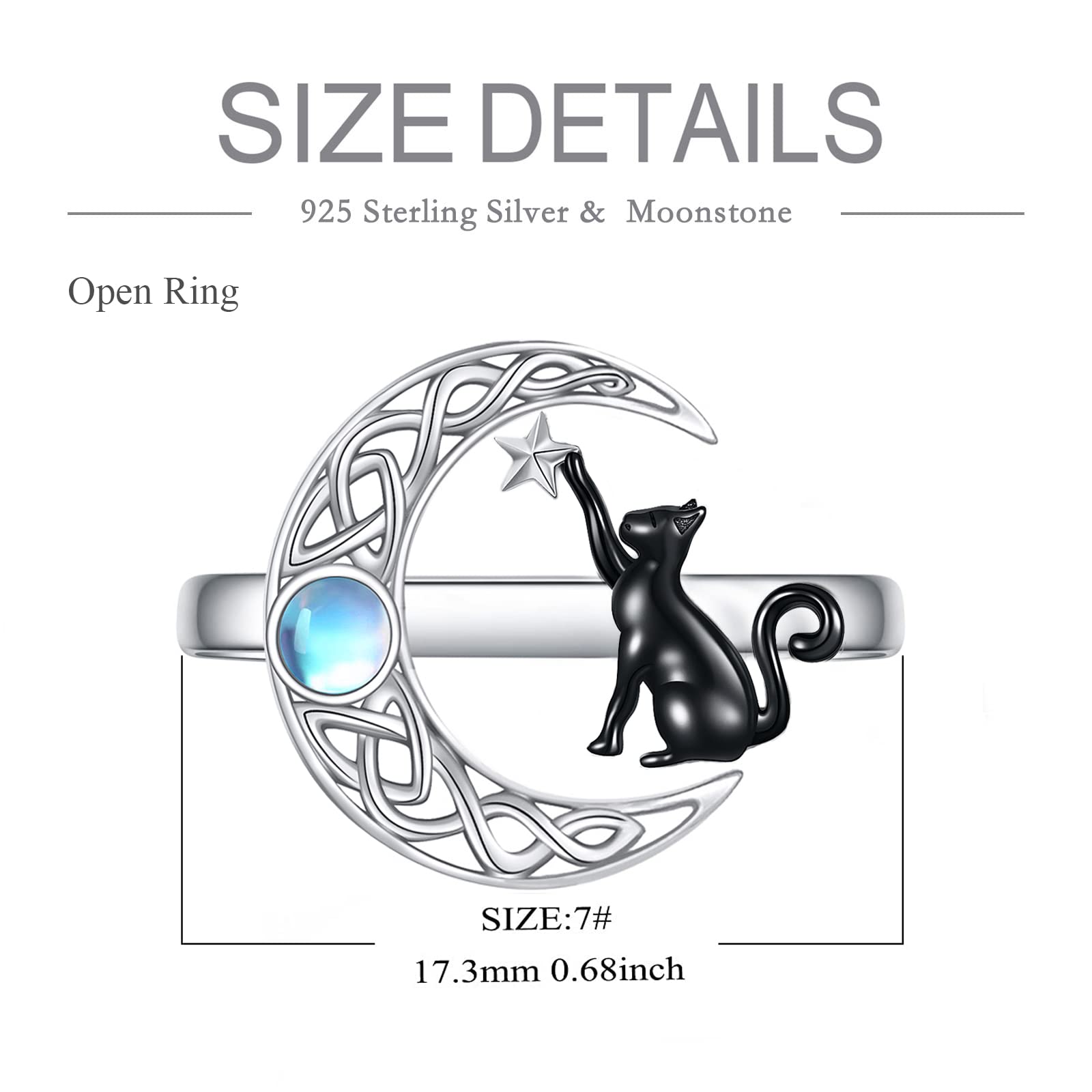 POPLYKE Bague ouverte en argent sterling 925 - Motif lune celtique - Chat noir - Pour femme et fille - Cadeau d'anniversaire chat, Argent sterling