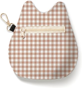 Cat-Shaped Coin Purse, Beige Gingham Mini Zipper Velvet Change Pouch with Keychain, Portable Coin Pouch Small Wallet for Women Girls, Cute Cat Lover Gifts, Ideal for Earbuds Lipstick Backpack Charm