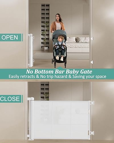 Miniatura 4 de Puertas retráctiles para bebés de 71 pulgadas de alto, puerta retráctil con diseño de tira reforzada para evitar que se arrastren, puerta retráctil