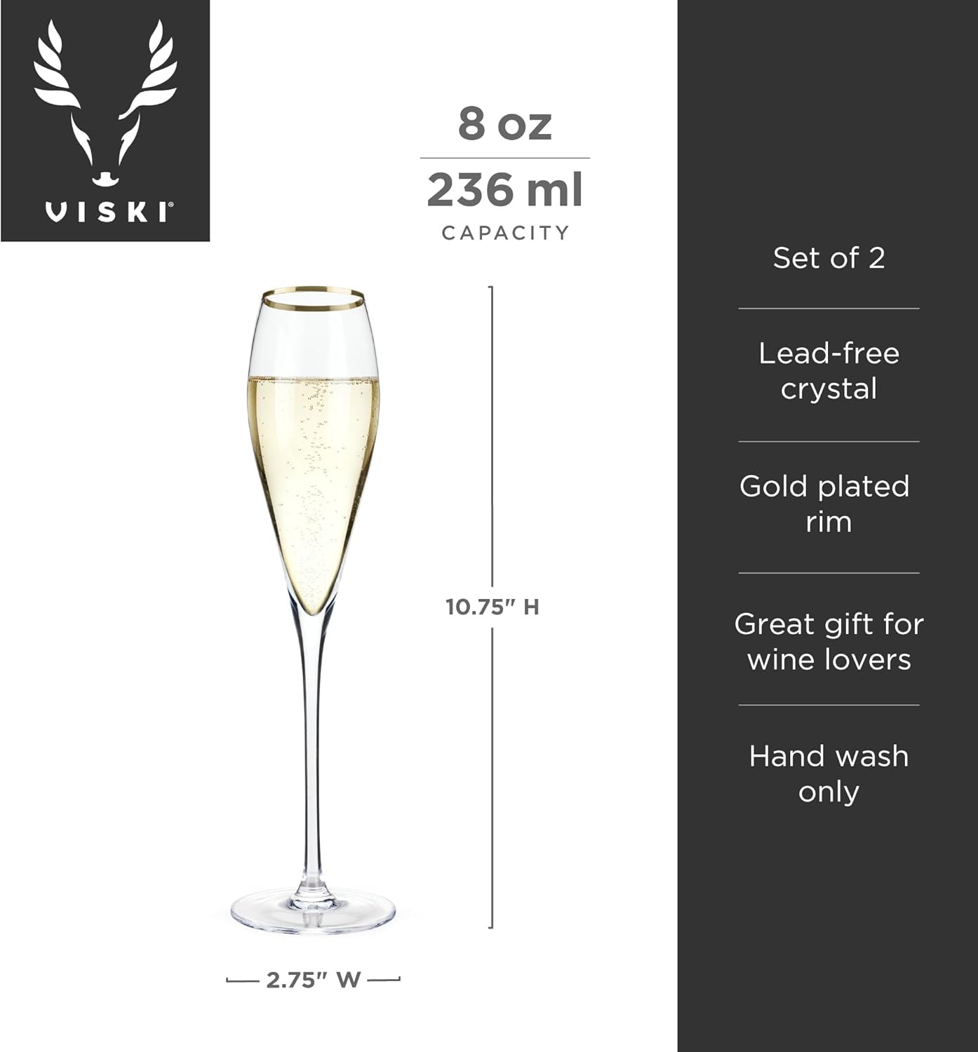 Viski Crystal Champagne Flutes, Gold Plated Rim, Elegant Champagne Glasses Gift Set for Sparkling Wine, Prosecco, Mocktails, Housewarming, Wedding Gifts, Home Bar, 8 oz, Set of 2 - Image 3