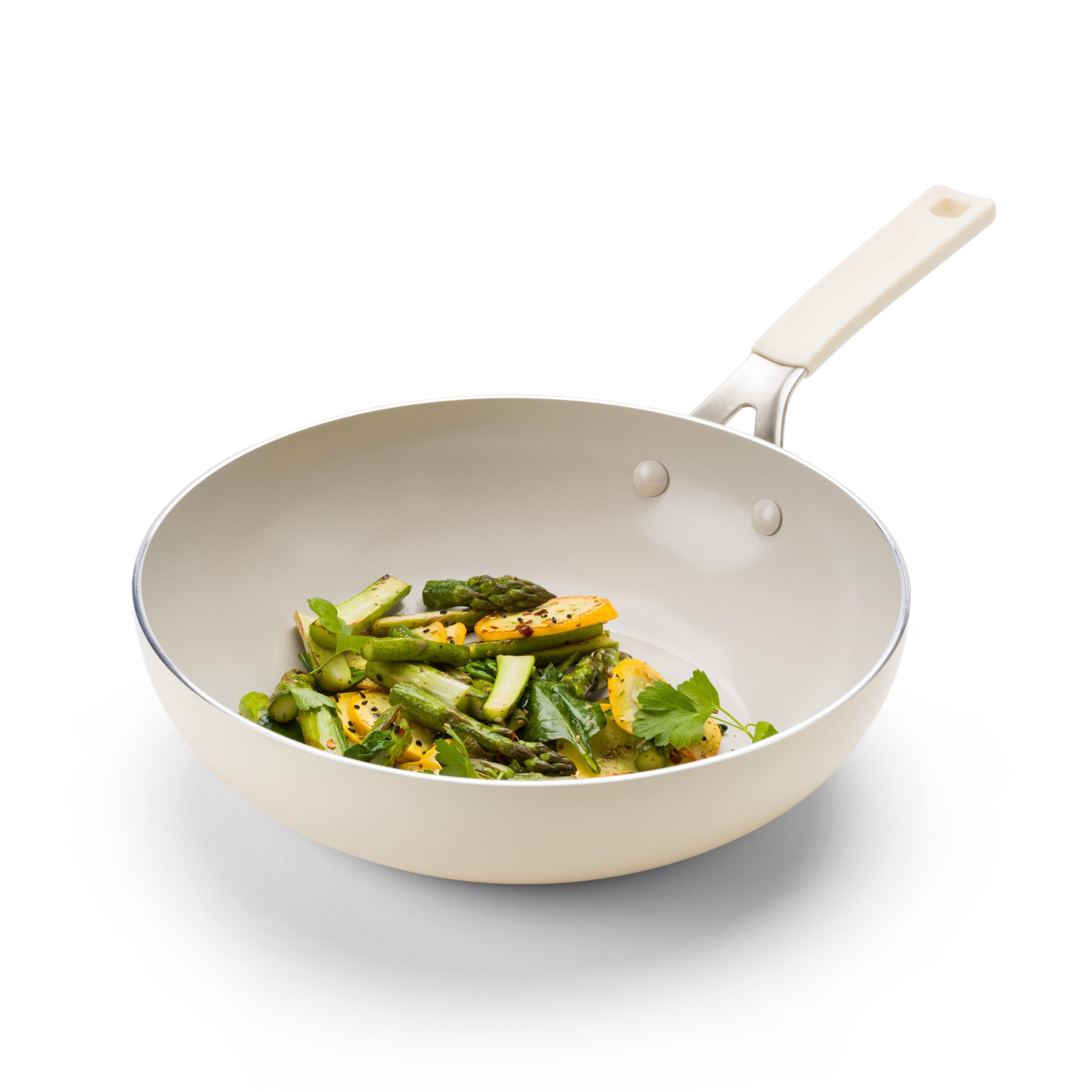 KitchenAid Aluminium Wok Ceramica Antiaderente, 28 cm/3,69 L, Senza PFAS, Compatibile Induzione, Manico Acciaio Inox, Adatto Forno, Lavabile Lavastoviglie, Crema