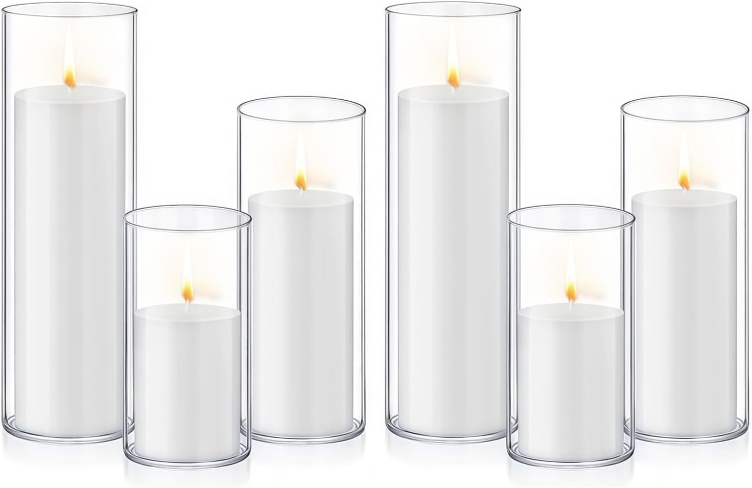 24 Pcs Glass Hurricane Candle Holders Set - White Pillar Candles with Clear Glass Cylinder Vases (12 Candles + 12 Vases) for Wedding, Dating, Party, Table Centerpiece Decor