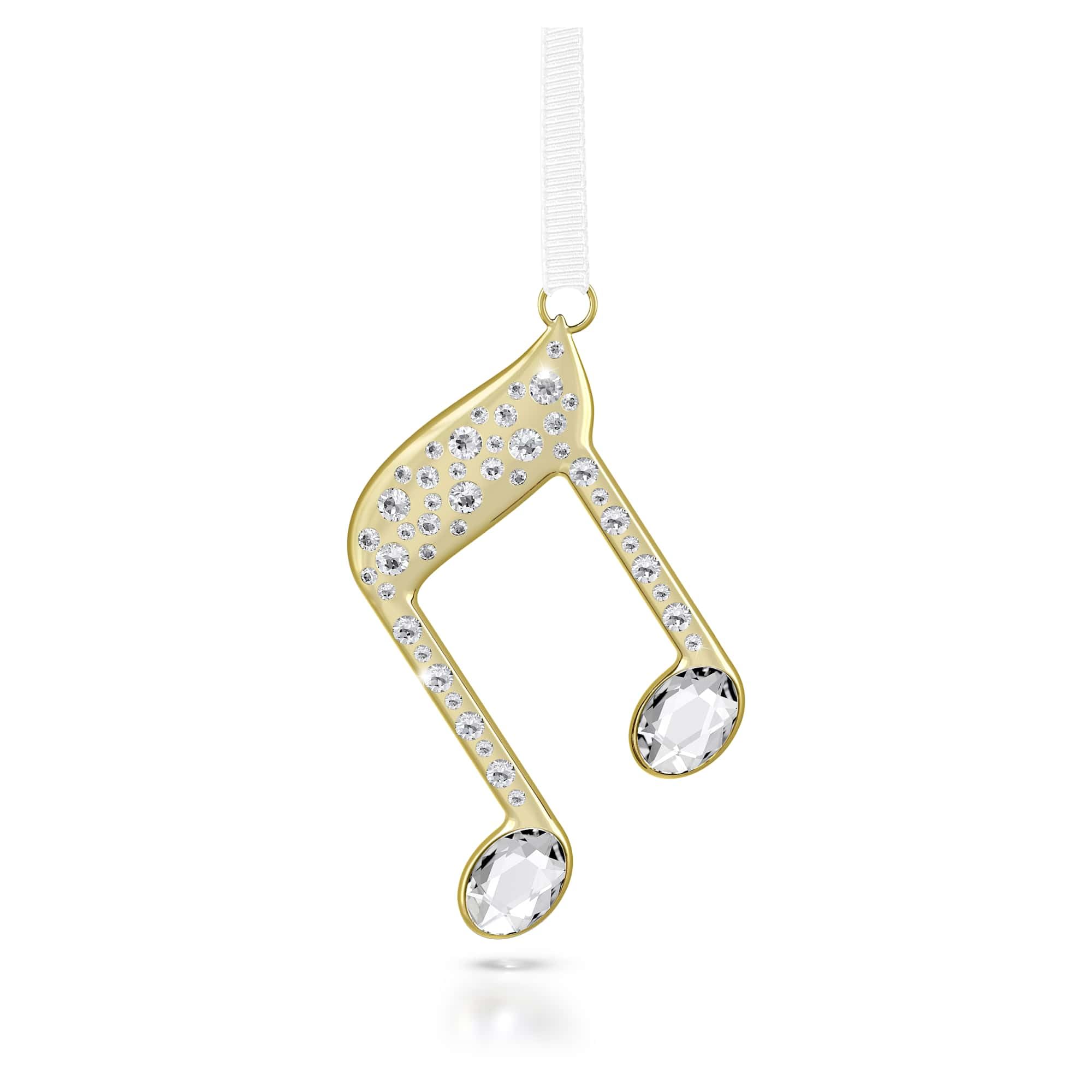 Swarovski Holiday Magic Musiknoten Ornament, Kristallanhänger aus Champagner-goldfarbenem Metall mit Klaren Kristallen und Weißem Ripsband, Größe: 5.8 x 0.5 x 4.1 cm