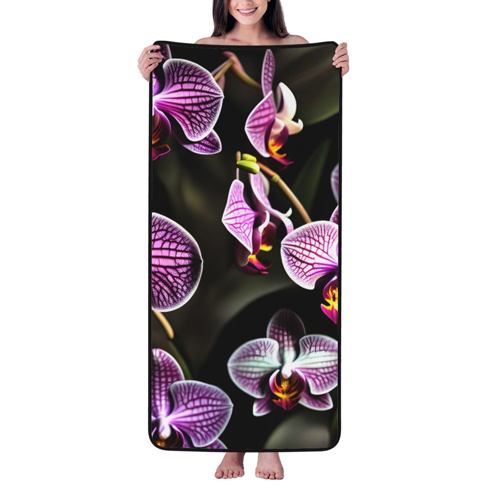 Nimongt Unisex Black Purple Orchids Print Print Lightweight Comfort Coral Velvet Bath Towel Home Bathroom Hotel Spa Beach Travel