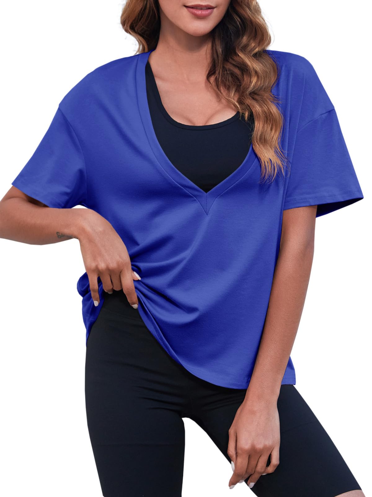 Tankaneo Womens Sexy Deep V Neck T-Shirts Summer Short Sleeve Tops Casual Loose Fit Basic Tees: Dark Blue Large