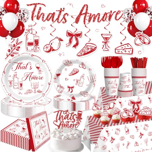 Yingoto 205 Pcs All-in-One Thats Amore Party Decorations Serves 25 Guests Italian Themed Red White Supplies with Balloon Plates