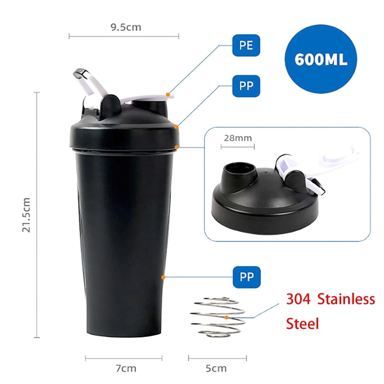 Tragbarer Protein-Shaker, 600 ml, Fitness-Flasche mit Drahtbesen, Ball für Enthusiasten, Sportler, perfekt für Outdoor-Fitness-Studio (schwarz)