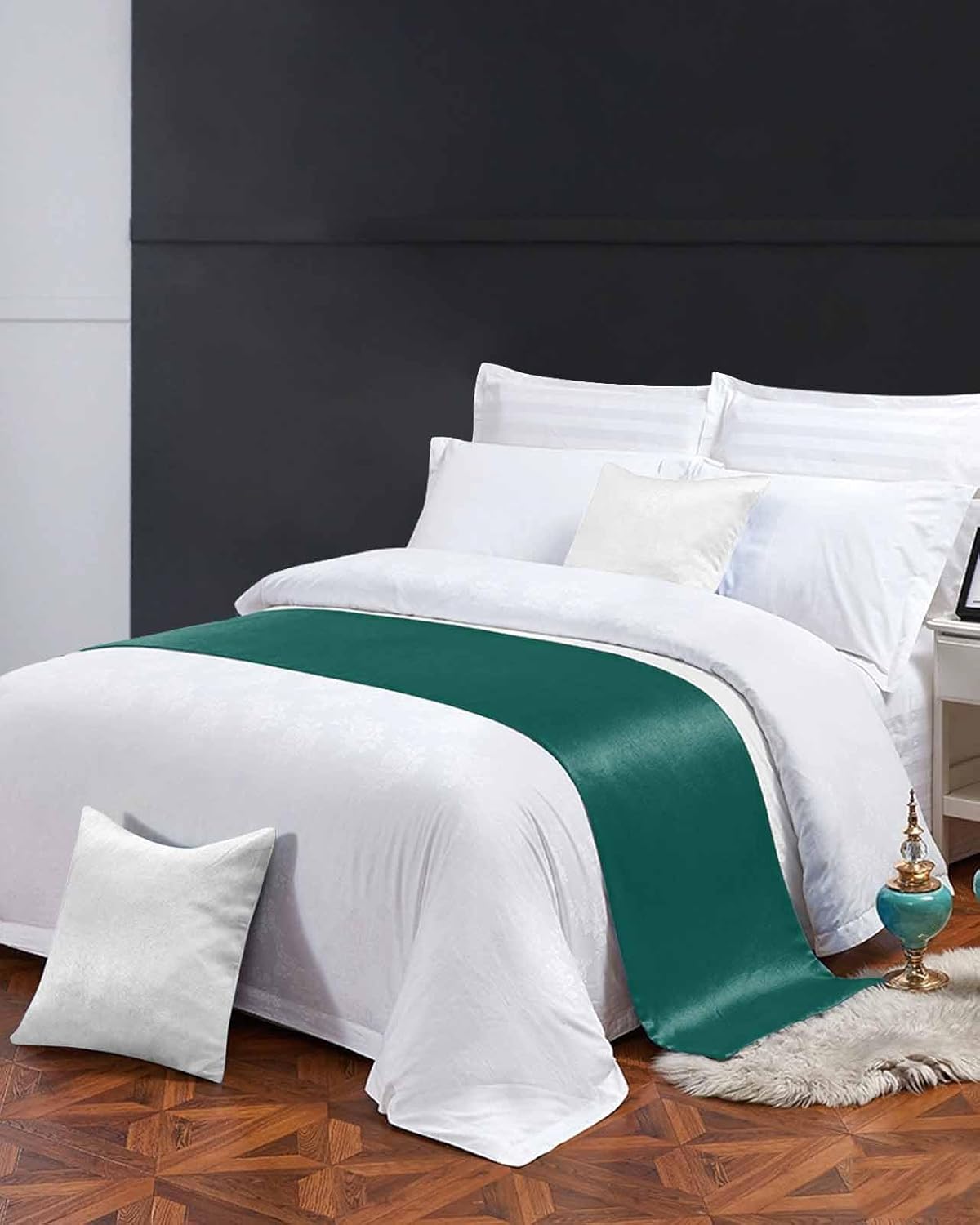 Green Bed Runner Scarf Bedding Accessory For Cal King Size Bed,Soft Bed Scarves And Runners Stainproof Bedroom Decor For Hotel Wedding Room,Luxurious Solid Pure Modern Minimalist Abstract Art 102"x20"