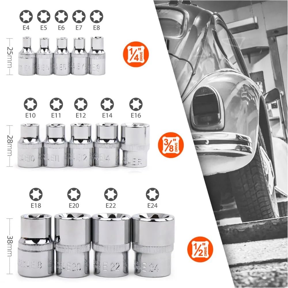 14 szt. Zestaw nasadek żeńskich E-TORX Star E4 - E24 dynamometrycznych 1/4"Dr. 3/8"Dr. 1/2" dr Zestaw przedłużek
