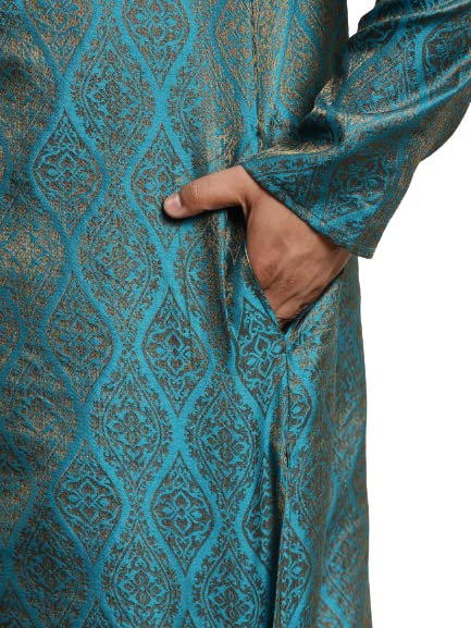 Sojanya Plus Men's Jacquard Silk Teal Blue & Gold Kurta & Off-White Churidar Pyjama Set4
