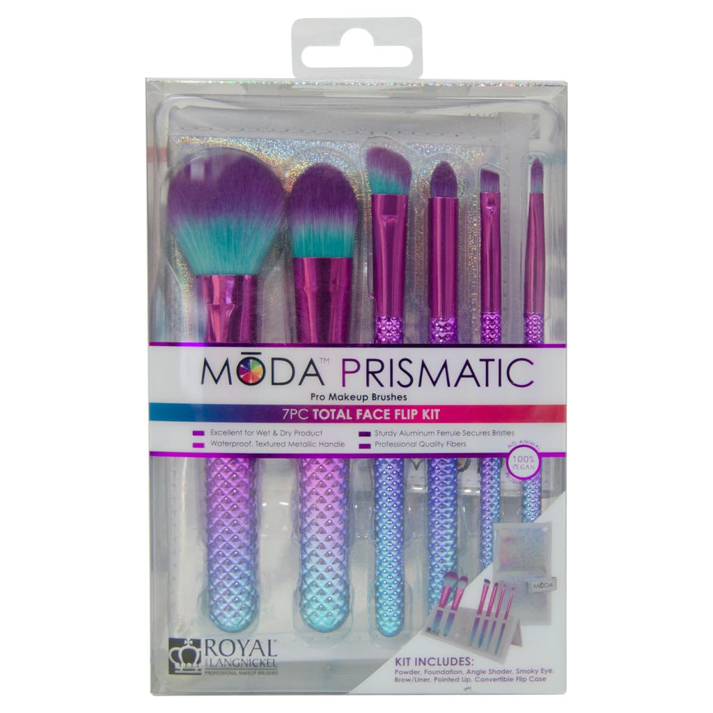 MODA Prismatic 7pc Total Face Makeup Brush Kit – Colorful Face & Eye Brush Set for Foundation, Blush, Eyeshadow & More