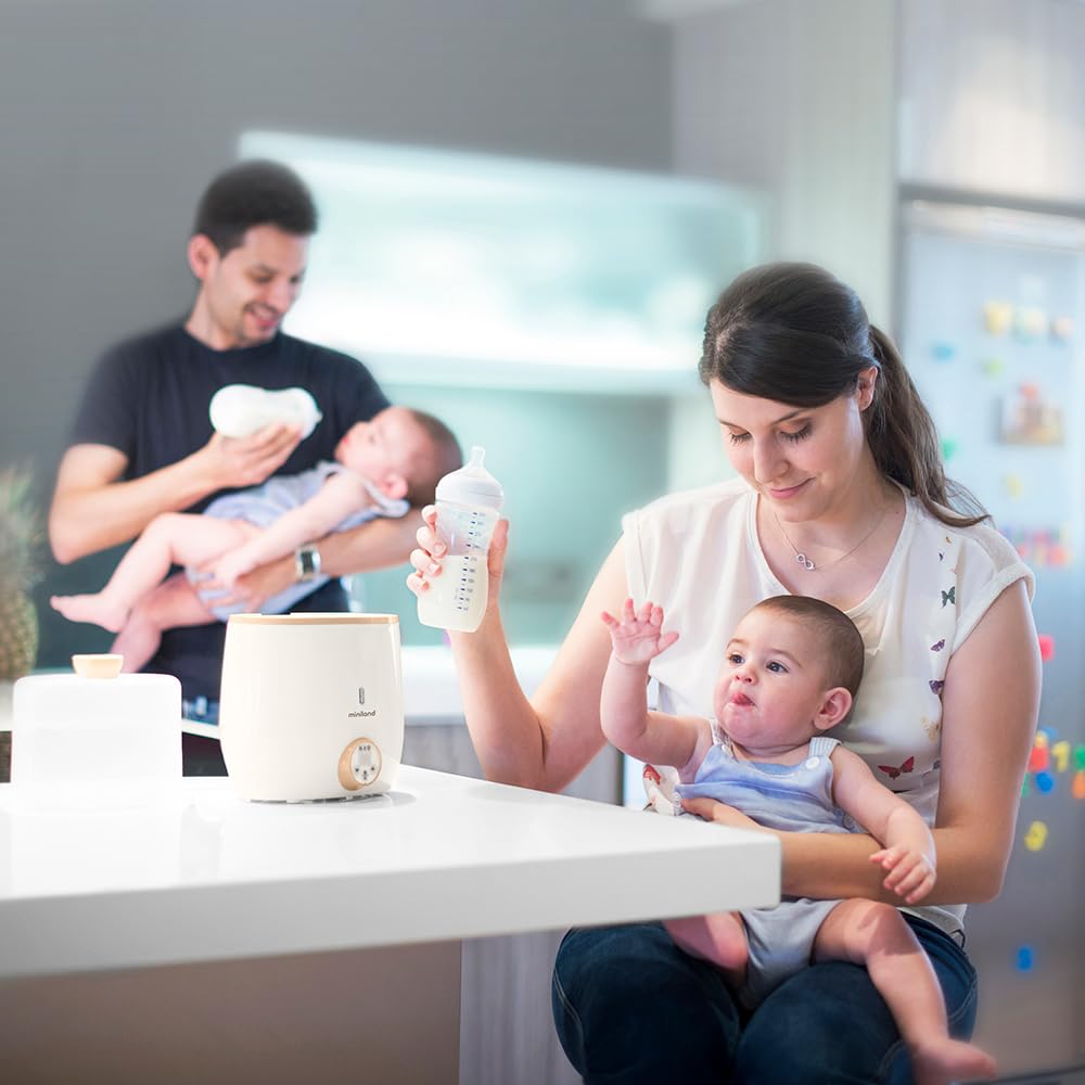 Miniland - Warmy Twin Calienta Biberones y Esterilizador, Calentador Rápido de Alimentos para Bebés 2-en-1, Calentador con Pantalla Digital Control Preciso Temperatura para Leche Materna (Beige)