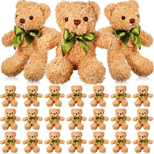 HyDren 24 Pcs Cute Stuffed Bear Plush Dolls 10 Inch Children's Sleeping and Playing Toys Preschool Animals Light Brown Bears with Bow Tie for Baby Shower Gender Reveal