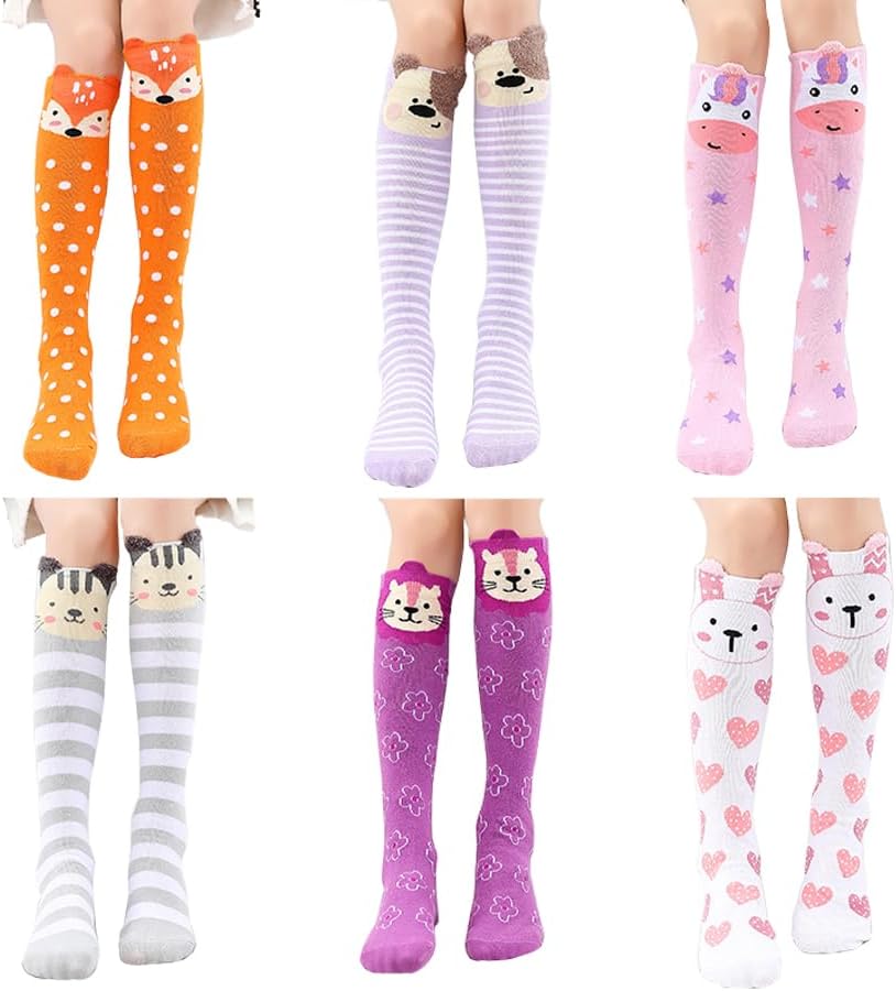 Girls Knee High Long Socks for Child 6 Pairs Fun Animal Pattern Tall Crazy Cute Girls Gift Boot Funny Kids Socks, One Size