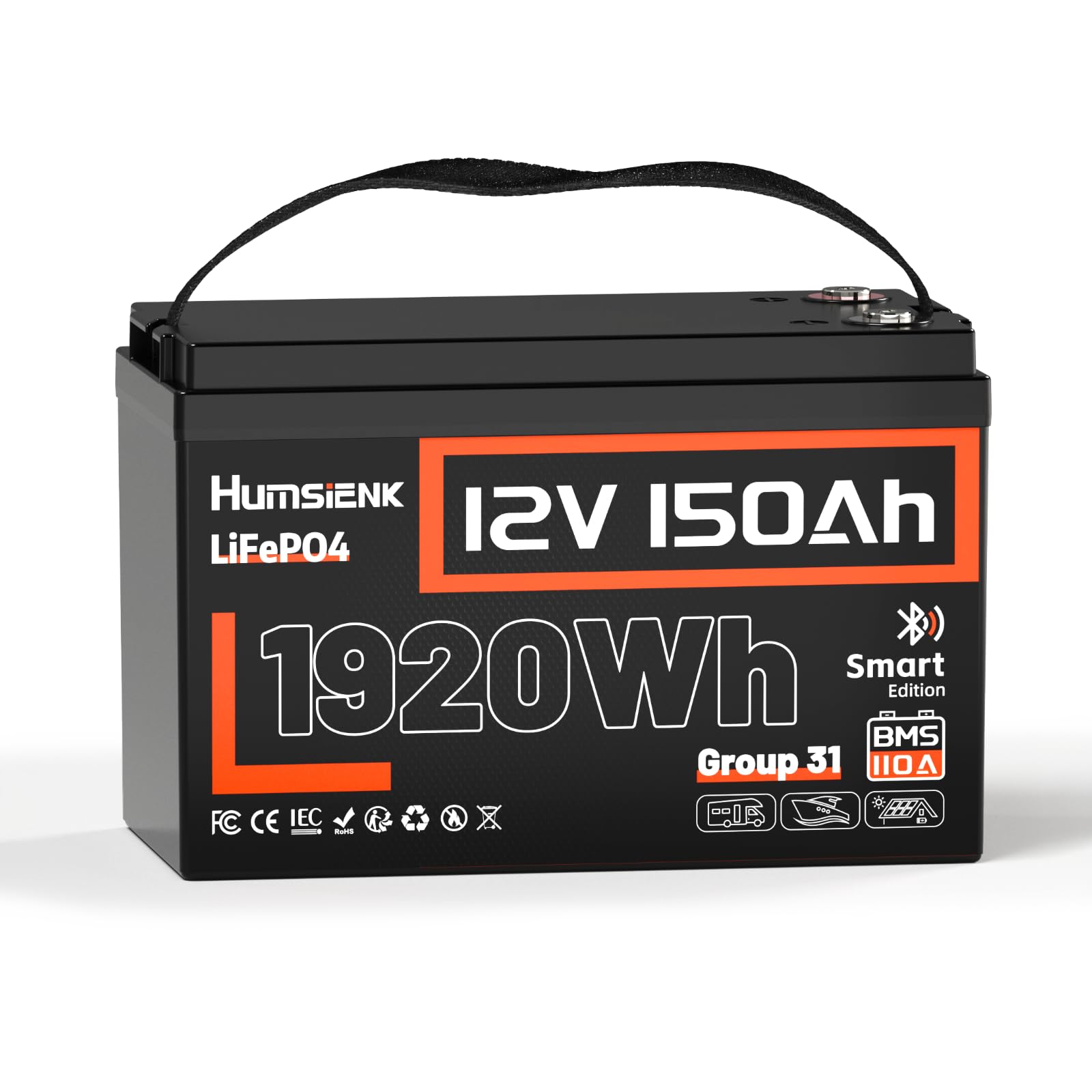 HumsiENK 12V 150Ah LiFePO4 Lithium Battery BCI Group31 Bluetooth- Built-in 110A BMS, Deep Cycle Battery for Solar, RV, Marine, Off-Grid Applications - 15000+ Life Cycles, Safe & Lightweight