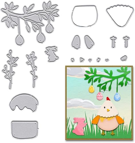 Estivaux Huevos de Pascua para hacer tarjetas, hojas de árbol de Pascua, juegos de troqueles de corte de huevos, plantillas de pollo, plantillas de