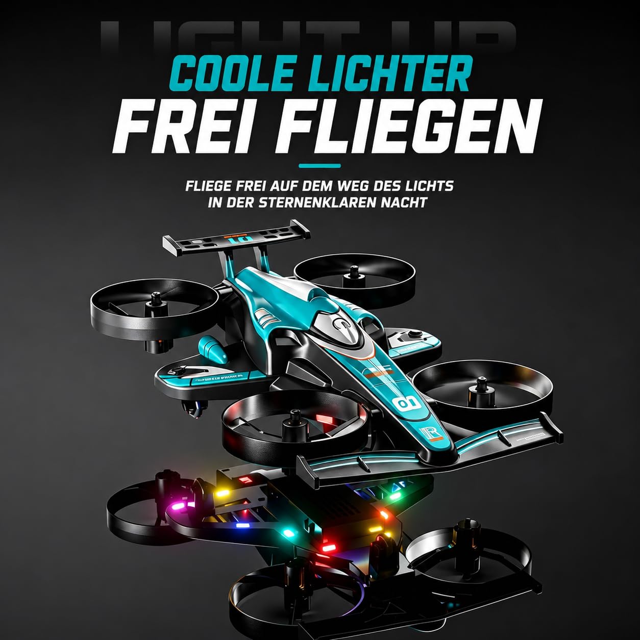 Mini drone RC 2 in 1 per bambini – modalità volo e pavimento, apertura a 360°, altezza 3 velocità, modalità headless, luci LED, un pulsante di avvio/atterraggio, regalo a partire dai 6 anni, Teal